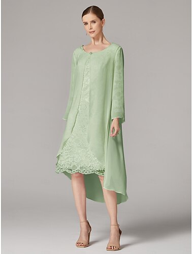  zweiteiliges A-Linien-Kleid, Strandhochzeitsanzug, Kleid für die Mutter der Braut, elegantes Übergrößen-Ringhals-Kleid in wadenlanger Chiffon-Spitze, kurzärmlige Jackenkleider in Volltonfarbe 2025