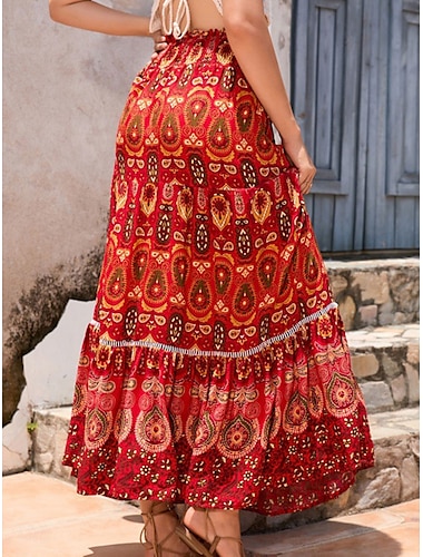  Dames Lange rok Vintage Modieus Etnisch Maxi Rokken Grafisch Geplooid Straat Dagelijks Marine Rood blauw Lente Polyester