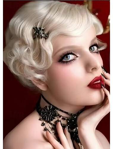  Krátká blond paruka s prsty pro ženy kudrnatá syntetická flapper paruka z 20. let tepelně odolná s bočním partem vintage cosplay kostýmní paruka Halloween paruky