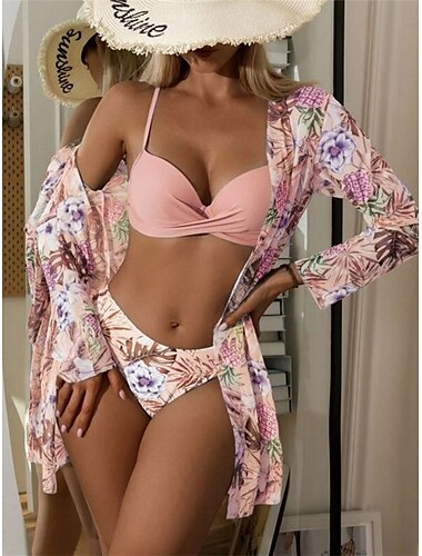  Mujer Bañadores Bikini Tres piezas Pícaro Traje de baño Espalda al Aire Delgado Vacaciones Ropa de playa Floral Escote en Pico Manga Larga Trajes de baño