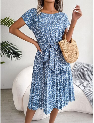  Damen Midikleid Casual kleid A Linie Kleid Stilvoll Brautkleider schlicht Urlaub Täglich Regular Fit Blumen Kurzarm Rundhalsausschnitt Rosa Leicht Blau Sommer Frühling