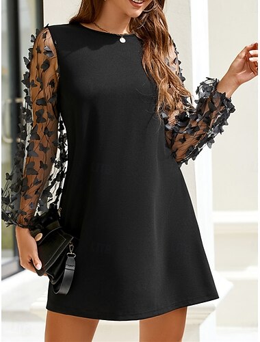  Damen schwarzes kleid Minikleid Gitter Patchwork Brautkleider schlicht Rundhalsausschnitt Langarm Schwarz Farbe