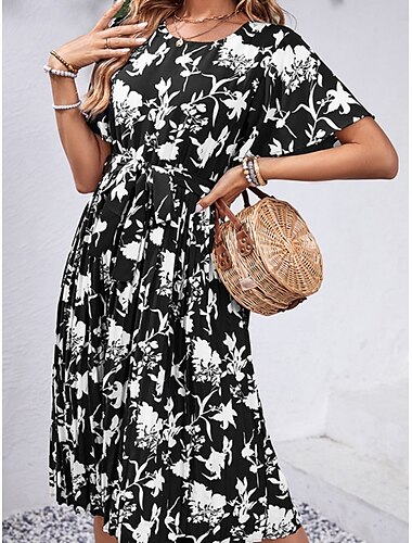  Damen Midikleid Casual kleid Schaukelkleid A Linie Kleid Stilvoll Brautkleider schlicht Urlaub Täglich Regular Fit Blumen Kurzarm Rundhalsausschnitt Schwarz Rote Frühling Herbst