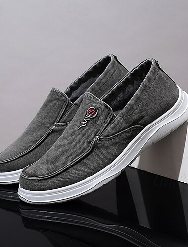  Slipper aus grauem Canvas für Herren – leichte, bestickte Freizeitschuhe für den Alltag und auf Reisen