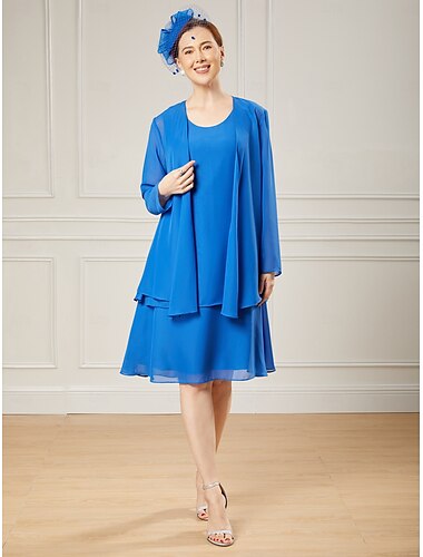  A-Linie, dreiteiliges Kleid für die Mutter der Braut, Strandhochzeit, eleganter Wickelrock inklusive Rundhalsausschnitt, knielang, Chiffon, ärmellos, mit Rüschen, einfarbig, 2025