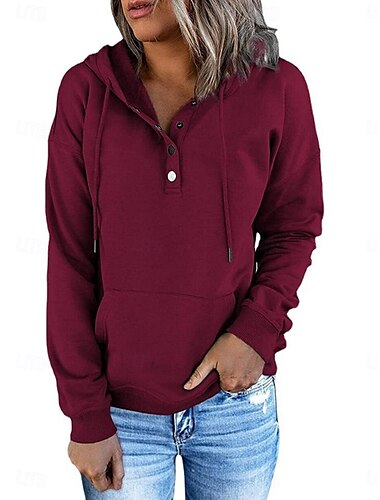  Mujer Casual Manga Larga Sudadera Tops regulares Calle Uso Diario Retazos Botones Negro Vino Morado Otoño Invierno