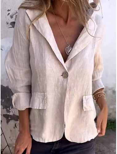  Mujer chaqueta Transpirable Bolsillo Casual Plano Formal Oficina Botonadura Simple Regular Cuello Vuelto Ajuste regular Manga Larga Ropa de calle Negro Morado Caqui Verano Primavera