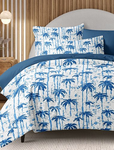 set copripiumino con palma al tramonto tropicale, biancheria da letto in morbida microfibra, resistente allo scolorimento, include copripiumino e federe, tema spiaggia tropicale, lavabile in lavatrice, misure queen, king, twin