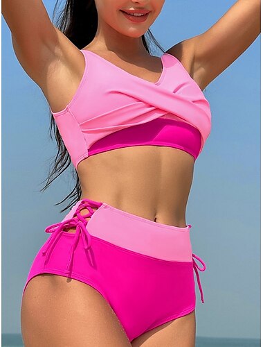  Damen Badeanzug Bikinis 2 Stück Unterhosen Bademode Rückenfrei Schlank Hoch tailliert Urlaub Strandbekleidung Feste Farbe V Ausschnitt Ärmellos Badeanzüge