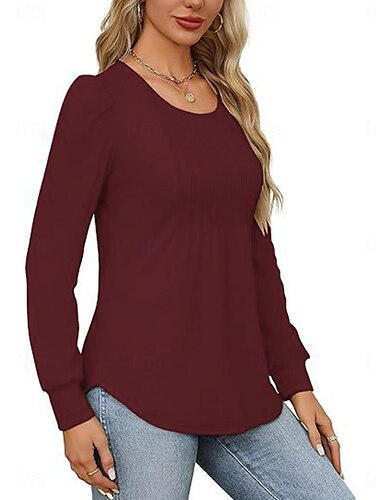  Damen Hemd Bluse Feste Farbe Basic Brautkleider schlicht Langarm Rundhalsausschnitt Normale Oberteile Täglich Rüschen Schwarz Weiß Rosa Wein Blau Sommer Frühling