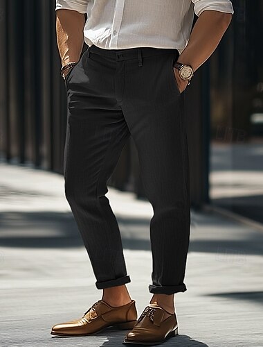  Herren Anzughose Leinenhosen Hose Sommerhose Tasche Gerader Schnitt Einfach Komfort Atmungsaktiv Volle Länge Formell Geschäft Täglich Streetwear Stilvoll Schwarz Marineblau