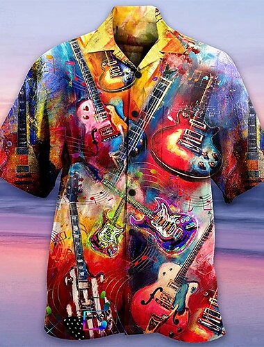  Voor heren Muziek Kleurrijk Gitaar Overhemd Hawaiiaans overhemd Overhemd met knopen Korte mouw Sport Modieus Streetwear Casual Hawaii Feestdagen Zomer Lente Cubaanse kraag Afdrukken Button-omlaag