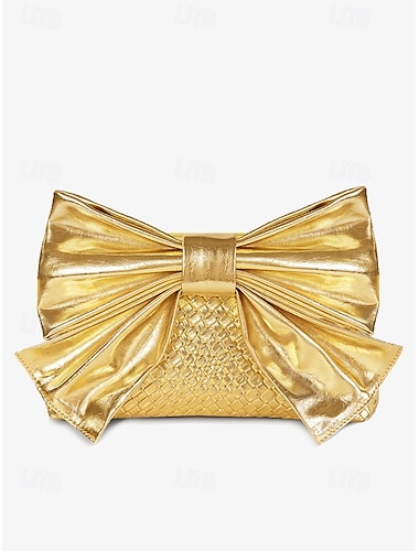  Bolso de mano para mujer de piel sintética dorada con diseño de lazo de gran tamaño, acabado texturizado, perfecto para fiestas nocturnas, bodas y eventos formales plata negro oro