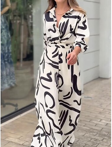 Dames Normaal Jumpsuit Stijlvol Geometrisch Lange mouw Overhemdkraag Omgord Vakantie Feest Ruim Passend Wit Lente
