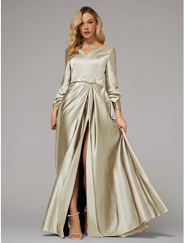  A-Linie Abendkleid elegantes Kleid Hochzeitsgast Cocktailparty bodenlang 3/4 Ärmel V-Ausschnitt Satin mit Schlitz 2025