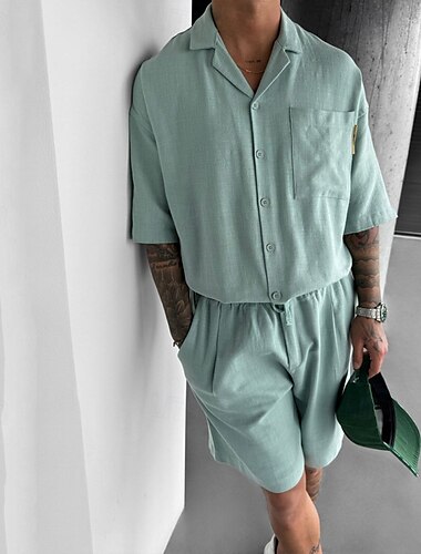  Herren 2 Stück Hemden-Set Sommer-Set Passende Sets Lässiges Hemd Knopfhemd Schwarz Grün Beige Kurzarm Glatt Kragen Urlaub Täglich Bekleidung Modisch Brautkleider schlicht Komfortabel