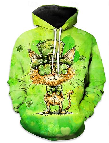  Pyhän Patrickin päivä Kissa Shamrock irlantilainen Huppari Onnekas apila Edessä tasku Kuvitettu Käyttötarkoitus Pariskuntien Miesten Naisten Aikuisten Pyhän Patrickin päivä 3D-tulostus Juhla Rento