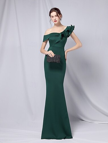  שמלת ערב קשת שמלה elegant לאירוע חתונה באורך רצפה שרוול באורך 3/4 צד אחד למתיחה דמוי בדים עם קצפת 2025