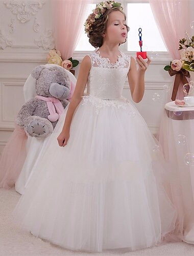  Bloemenmeisjesjurk kinderen Voor meisjes Prinses jurk Prestatie Bruiloft Feest Elegant Mooi Netstof Effen Kleur Mouwloos Strakke ronde hals Wit 4 jaar +