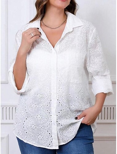  Dames Witte Elegante Kanten Tops Oogjes Blouse Bloemige Reguliere Tops Lange Mouwen Shirt Kraag Knopen Oogjes Reguliere Pasvorm Dagelijks Romantische Petite Tops Zomer Vakantie Kleding Witte Paars