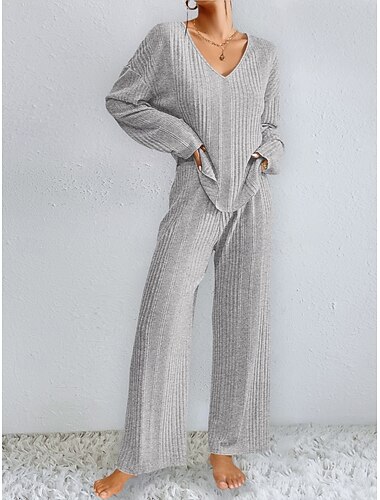  Dam Pyjamas set Ledigt Komfort Ren färg Elastisk midja T-shirt Byxa Hem Dagligen Långärmad V-hals Svart Ljusgrå Beige Vår Höst Vinter Normal