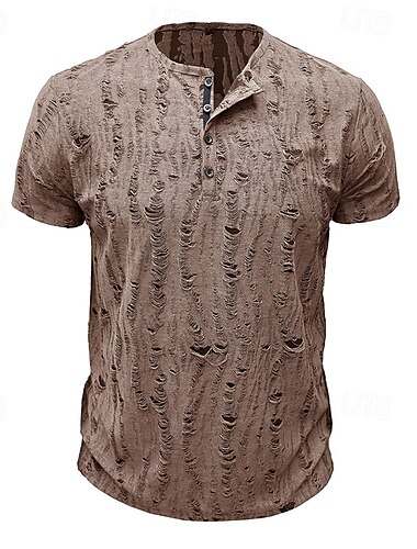  男性用 ワッフルヘンリーシャツ Tシャツ 半袖 純色 平織り ヴィンテージ シェビーシック ボタン ヘンリー カジュアル 夏 春 & 秋 ライトコーヒー ブラック グレー ヘンリーTシャツ