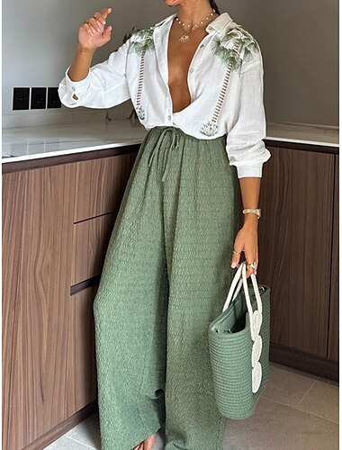  Femmes Mode Streetwear Quotidien Chemise Ensembles inspirés du lin Ensembles deux pièces Pantalons à Jambes Larges manche longue Col ras du cou Fleuri Cordon de serrage Imprimé Occasionnel Quotidien