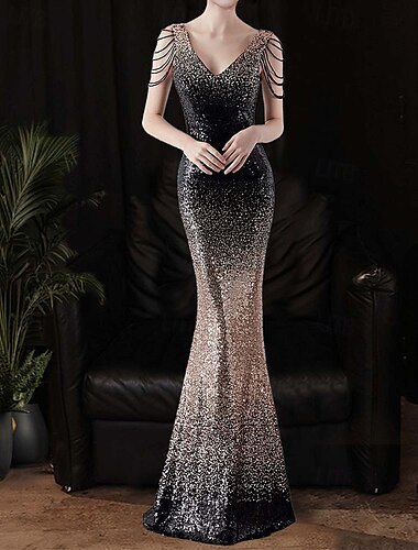  Meerjungfrau/Trompete Pailletten Ballkleid Ombre Partykleid formelle Cocktailparty bodenlang ärmellos V-Ausschnitt mit Perlen Pailletten 2025
