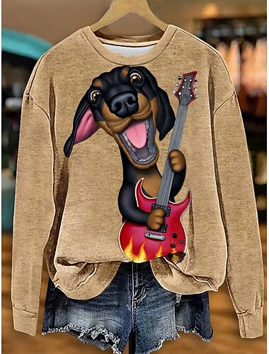  Sudadera con capucha informal para mujer, con estampado de perro y animales, de manga larga, color caqui, para otoño e invierno