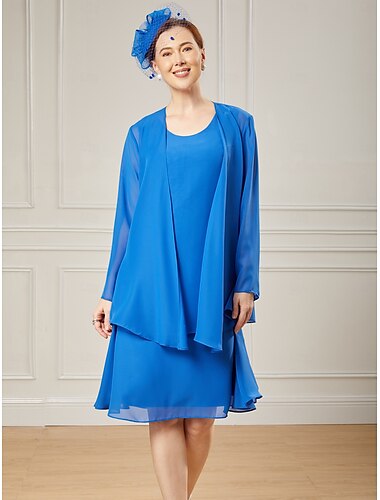  a-lijn driedelige moeder van de bruid jurk strand bruiloft elegante wikkel inbegrepen juweel hals knie lengte chiffon mouwloos met ruches effen kleur 2025