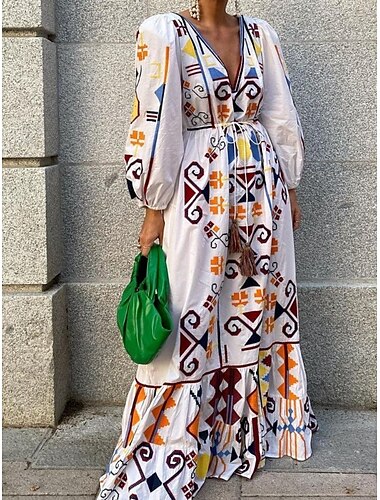  Damen Maxidress Casual kleid A Linie Kleid Boho-Kleid Vintage Brautkleider schlicht Urlaub Täglich Regular Fit Geometrisch Langarm V Ausschnitt Weiß Frühling Herbst