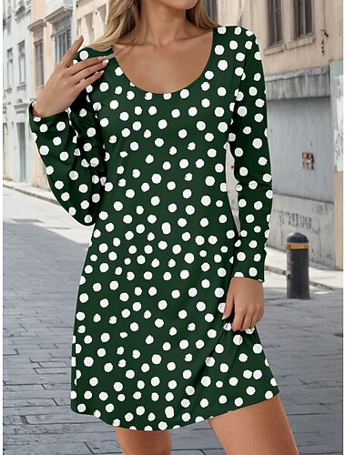  Robe Mini Femme Robe Décontractée Robe Petite Robe T-Shirt Robe Tee Robe de Plage Vacances Ville Décontractée Coupe Standard Pois Manches Longues Col Rond Vert Printemps Automne Hiver