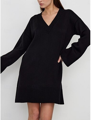  Damen Pullover Pullover Kleid Brautkleider schlicht Weich Einfarbig Gerippt V Ausschnitt Strick Langarm Lange Oberteile Stricken Outdoor Täglich Wochenende Schwarz Fuchsie Herbst Winter