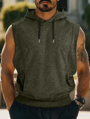 Herre Tanktop Ærmeløs hættetrøje Uden ærmer Hætte Sommer Forår Efterår Årgang Snørelukning Afslappet Sportstøj Flåde Sort Grå Top T-shirt til mænd