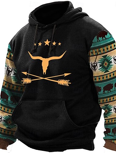 Homens asteca Cowboy Moletons Moletom Casacos Moletom com capuz Gola Redonda Étnico Impressão 3D Feriado Streetwear Preto Azul Com Cordão Outono Inverno Designer