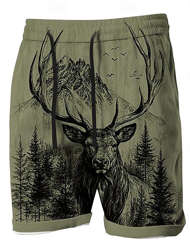  Herren Wald Jagd Hirsch Shorts Sommershorts Strandshorts Mittlere Taille Streetwear Hawaiianisch Designer Lässig Täglich Ferien Elastischer Bund 3D-Druck Kordelzug Designer Bekleidung