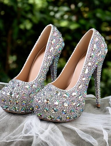  Zapatos de tacón alto para mujer adornados con diamantes de imitación plateados: glamorosos zapatos de novia o de noche para bodas y ocasiones especiales