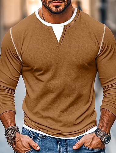  男性用 シャツ VネックTシャツ 長袖シャツ 竹Tシャツ 長袖 Ｖネック 春 & 秋 純色 パッチワーク 日常 カジュアル ストリートスタイル フェイクツーピース アウトドア ストリート カジュアル ダークグレー ライトグリーン コーヒー メンズトップTシャツ