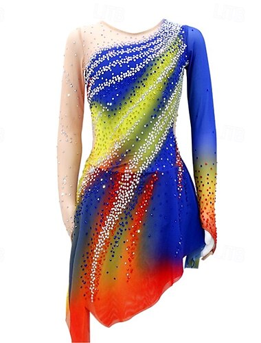  Figure Skating Dress Women's Girls' Ice Skating Dress Rainbow High Elasticity Training Competition Skating Wear Classic Crystal / Rhinestone Long Sleeve Ice Skating Figure Skating