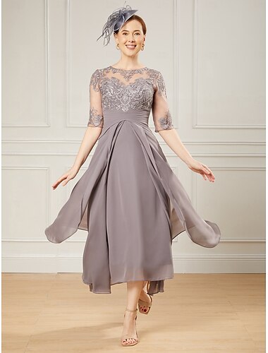  A-Linien-Kleid für die Mutter der Braut, eleganter Rundhalsausschnitt, asymmetrisch, knöchellang, bodenlang, Chiffon, Spitze, halbe Ärmel, mit Perlenapplikationen, 2025