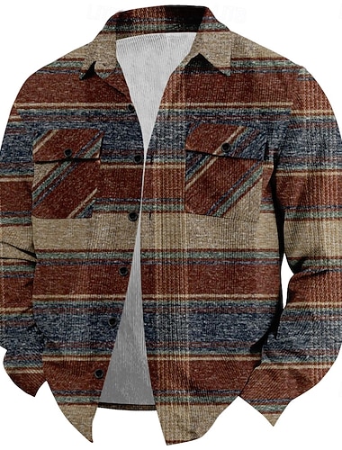  Voor heren Geometrisch Geruit Overhemdjasje Overhemd Lange mouw Casual Causaal Casual Herfst Winter Strijkijzer Dichtknopen Rood