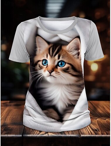 Damen T Shirt Katze Brautkleider schlicht Kurzarm Rundhalsausschnitt Normale Oberteile Täglich Bedruckt Grau Sommer