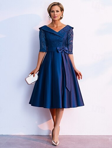  A-Linie Brautmutterkleid Elegantes V-Ausschnitt Tee-Länge Spitze 3/4-Länge Ärmel mit Schleife(n) Derby Kleid Renntag Kleid 2025