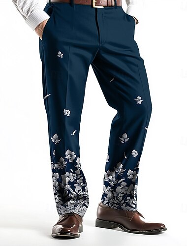 Herr Blomtryck Kostymbyxor Långbyxor Medium Midja Business Casual Bröllop Helgdag Pappas dag presenter Byxor med raka ben Platt-Front Sommar Vår Höst 3D-tryck Svart Vin Blå