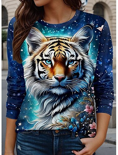  Femmes T-shirt Tigre Occasionnel manche longue Col ras du cou Hauts Réguliers Quotidien Imprimé Bleu Printemps Automne