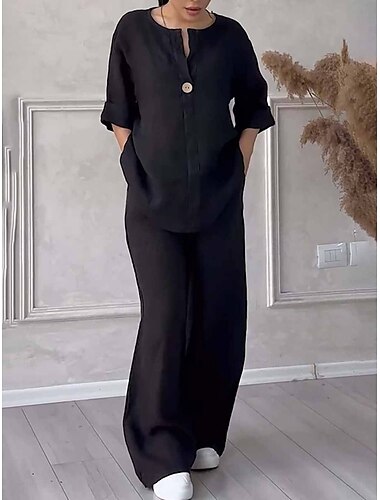  Damen Mode Streetwear Täglich Hemd Leinen-inspirierte Sets Zweiteilige Sets Weitbeinige Hosen Dreiviertelarm Rundhalsausschnitt Einfach Lässig Täglich Schwarz Weiß Armeegrün Sommer Normale Passform