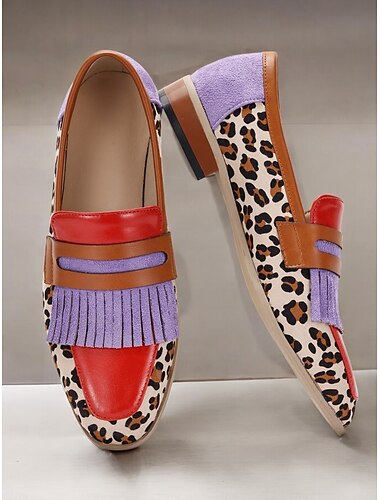  Mocasines con estampado de leopardo multicolor para mujer con detalle de flecos, zapatos planos casuales de piel sintética y gamuza para looks retro y llamativos
