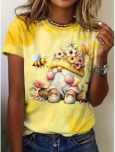  Valentinstag Frauen Lustiges T-Shirt Lässige Grafik Reguläre Tops Kurzarm Rundhals Druck Reguläre Passform Täglich Gelb Pink Sommer