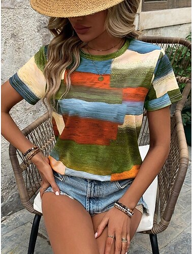  Femme T shirt Géométrique Décontractées Manche Courte Col Rond Hauts réguliers du quotidien Imprimer Vert Eté