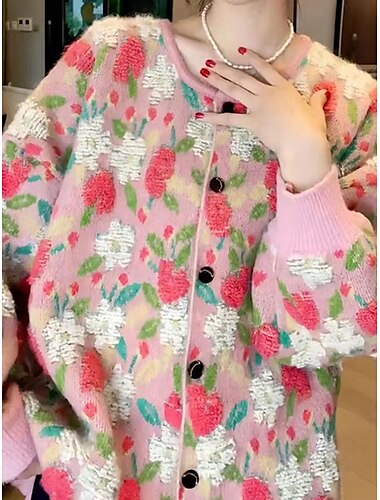  Suéter rosa de San Valentín para mujer, elegante, vintage, con estampado de cuello en V, botones, tejido, manga larga, tops regulares, tejido para exteriores, uso diario, fin de semana, moda, rosa,